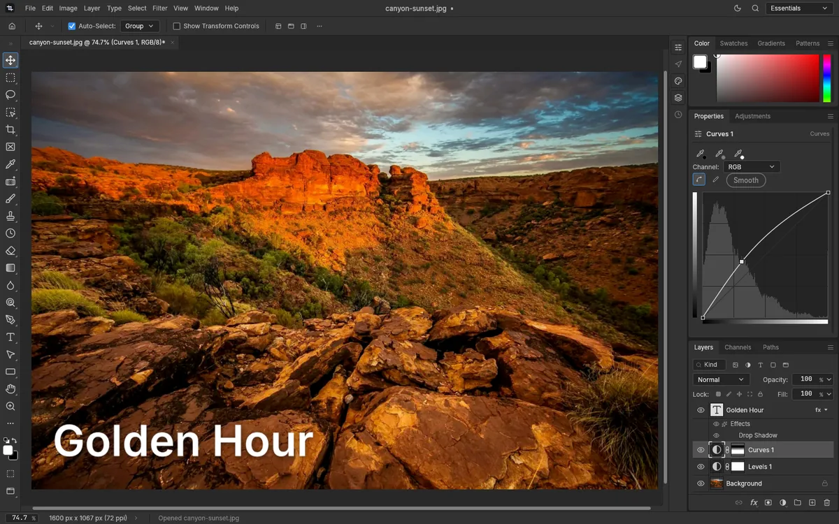 PhotopixPro with a canyon photo and four layers in the Layers panel: a Golden Hour text layer, Curves and Levels adjustment layers, and the Background