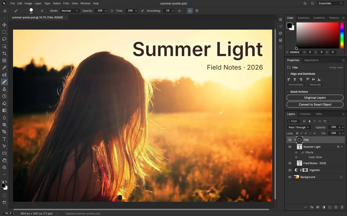 PSD open in PhotopixPro with a Title group, two text layers and an adjustment layer called Vignette that has a layer mask