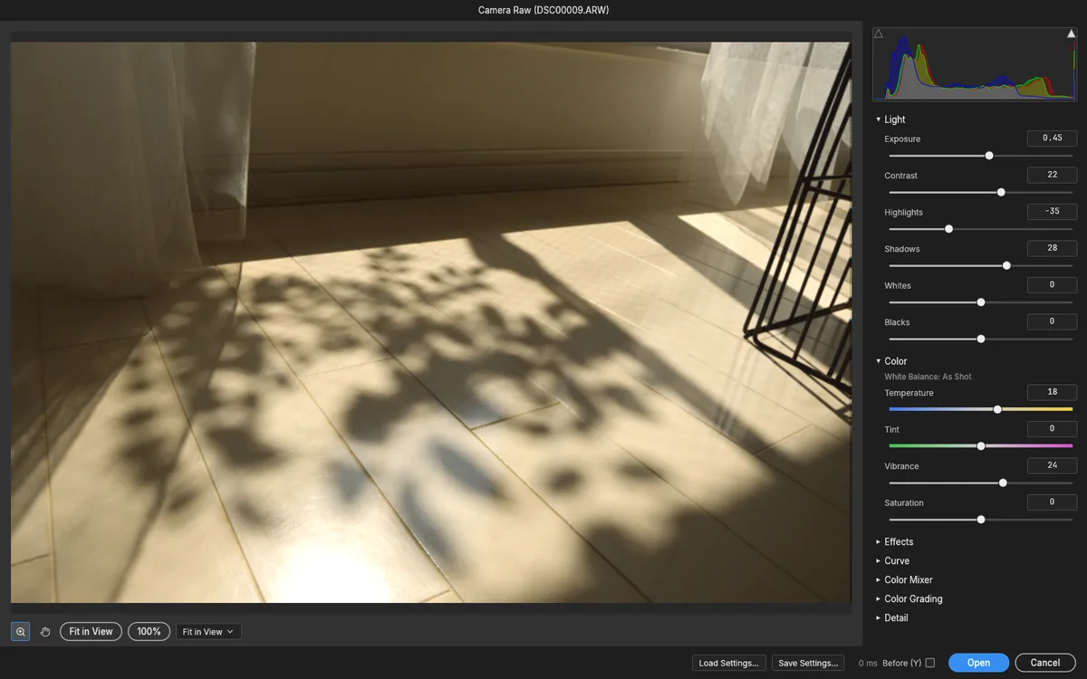The Camera Raw dialog in PhotopixPro with exposure, contrast, highlights and shadows controls over a RAW photo